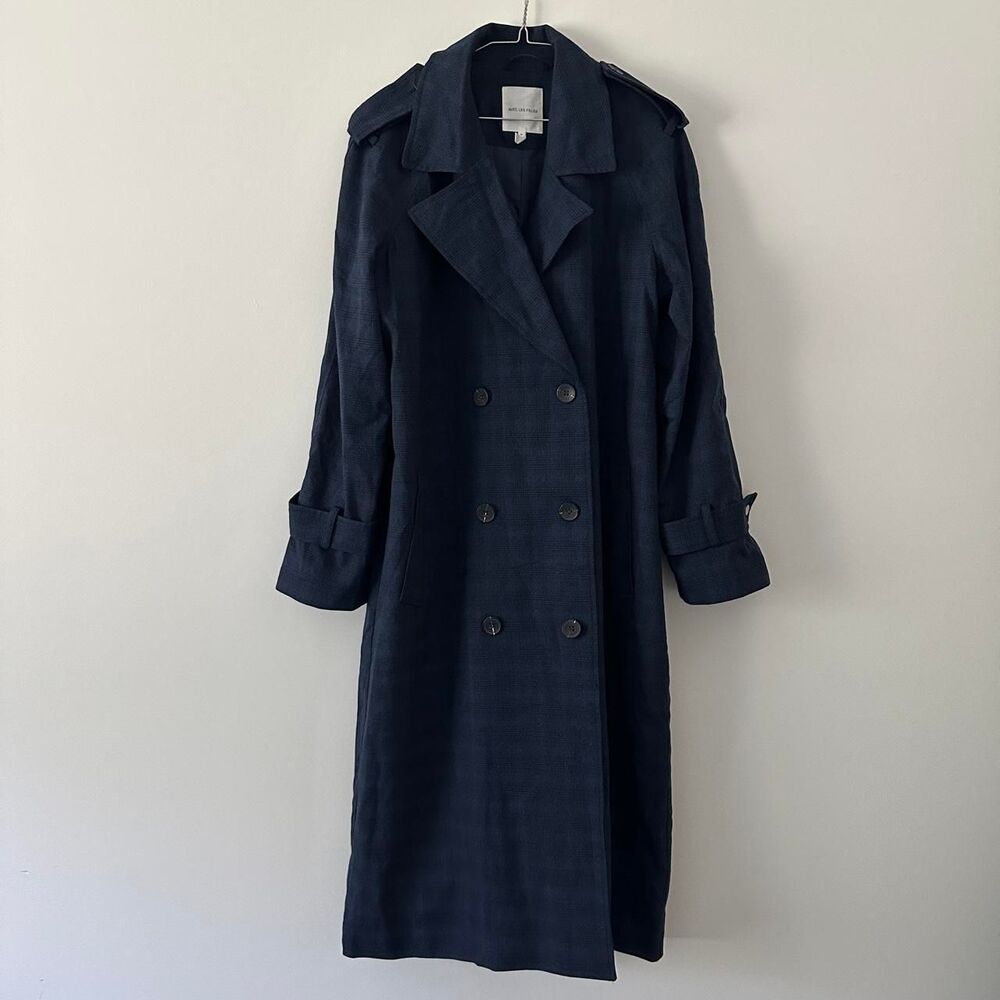 Avec Les Filles double-breasted slouchy long trench coat navy blue plaid pattern